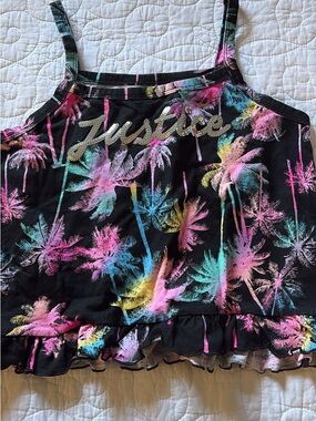 Justice Black Neon Palm Ruffle Tank with Glitter Logo